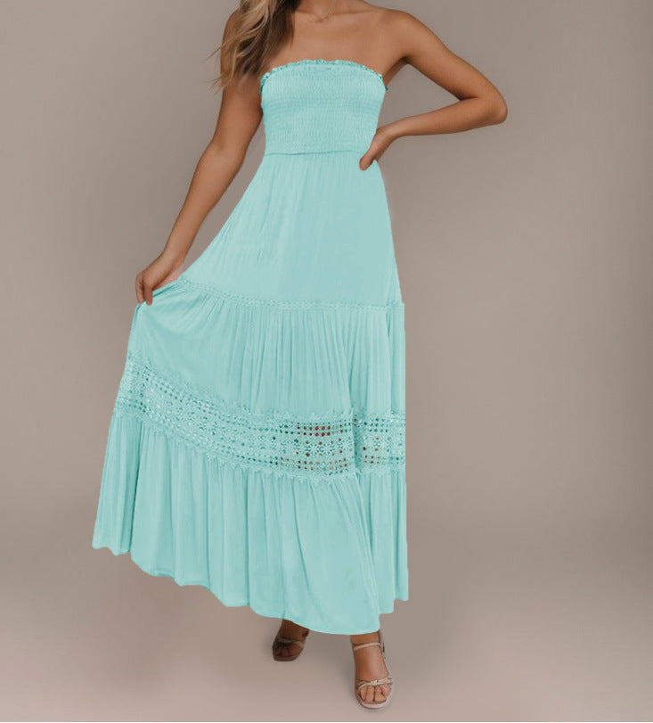 Solid Color Tube Top Hem Long Sleeveless Retro Bohemian Waist Tight Dress