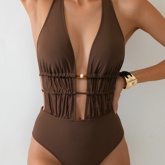 Bikini Solid Color Lace up One Piece Sexy Backless Siamese Bikini Swimsuit
