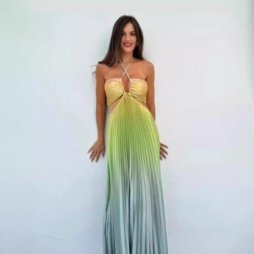 Personalized Summer Gradient Color Halter Pleated Long Women Dress