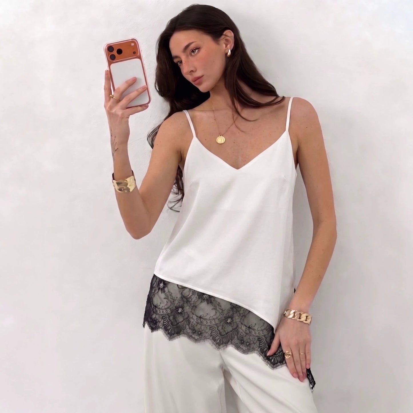 V neck Irregular Asymmetric Lace Patchwork Top Loose Camisole