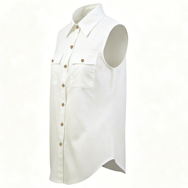 French Casual Cotton Linen Sleeveless Shirt Women Summer Collared Double Pocket Loose Shirt Vacation Top