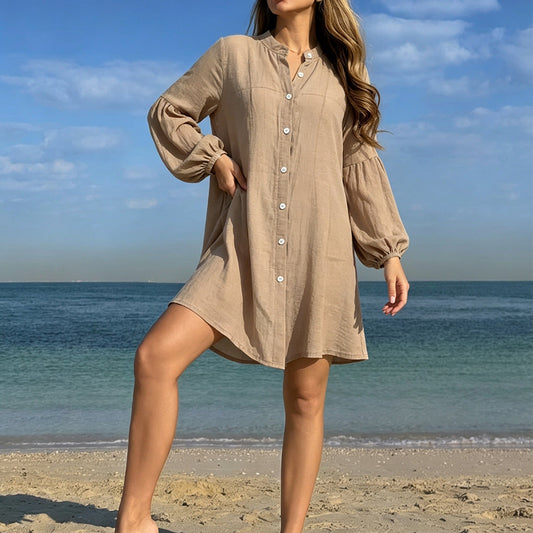 Stand up Collar Puff Sleeve Shirt Dress Women Loose Idle Wind Beach Vacation Sun Protective Clothing Cardigan