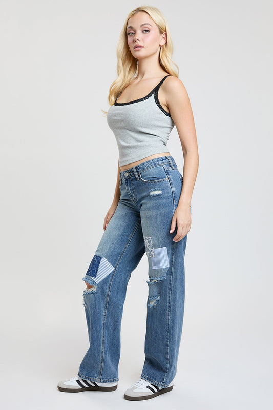 Women's Low Rise Patchwork Wide Leg Jeans