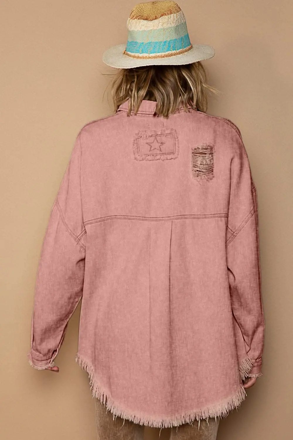 Jackets Trendsi Distressed Shacket Women's Casual Raw Hem Button Down Top USA Ship