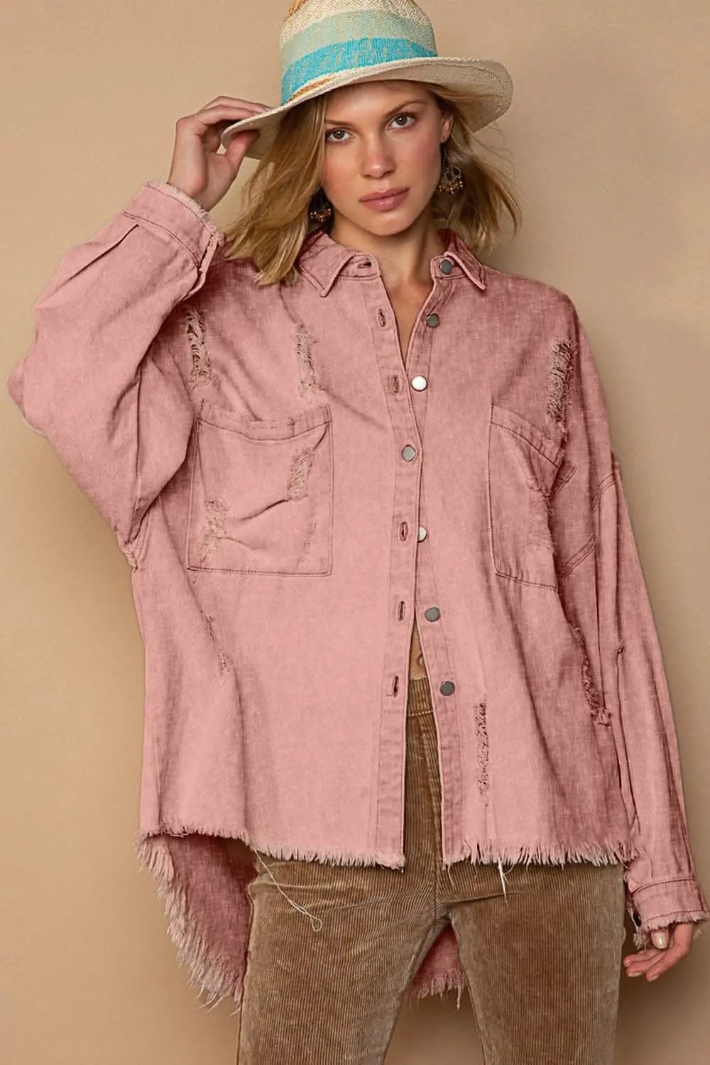 Jackets Trendsi Distressed Shacket Women's Casual Raw Hem Button Down Top USA Ship