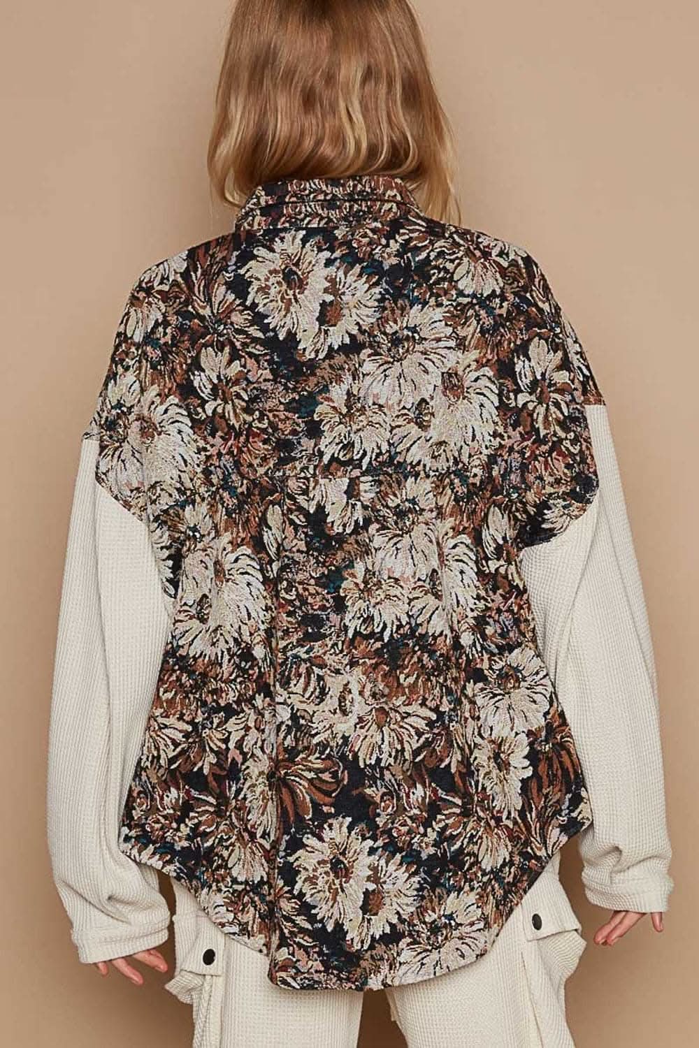 Pants Trendsi POL Contrast Sleeves Button Down Floral Jacquard S