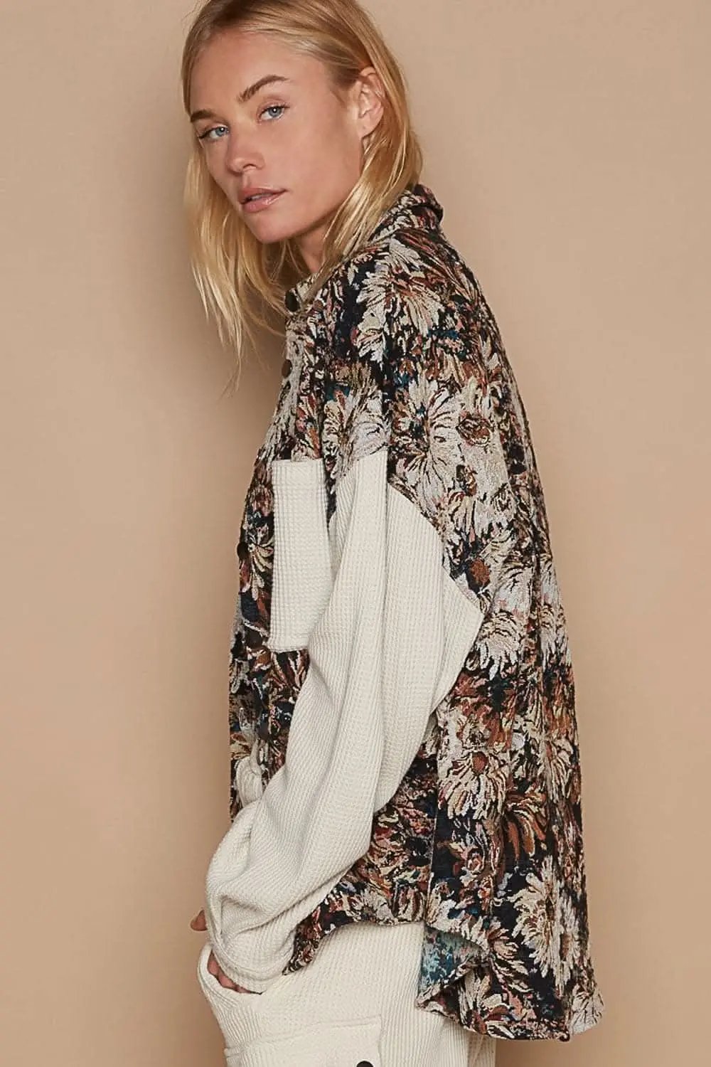 Pants Trendsi POL Contrast Sleeves Button Down Floral Jacquard S