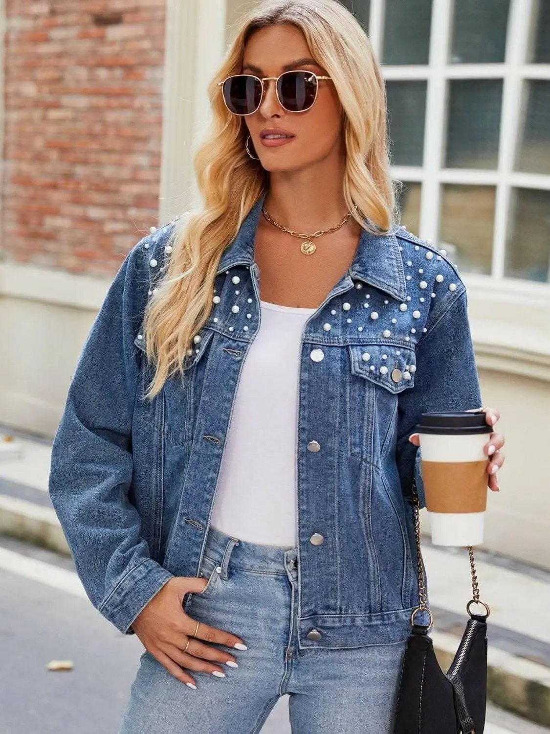 Trendsi Denim Jacket Pearl Wash With Pockets — Casual Outerwear