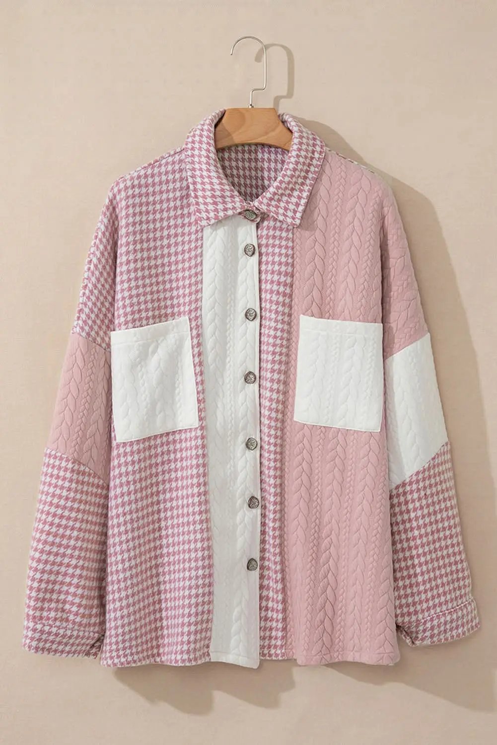 T-Shirts Love Salve Pink Houndstooth Women's Shacket: Casual Chic Color Contrast Textured Patchwork