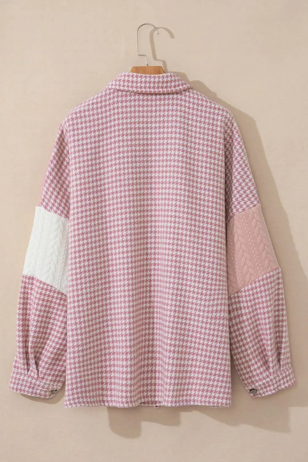 T-Shirts Love Salve Pink Houndstooth Women's Shacket: Casual Chic Color Contrast Textured Patchwork