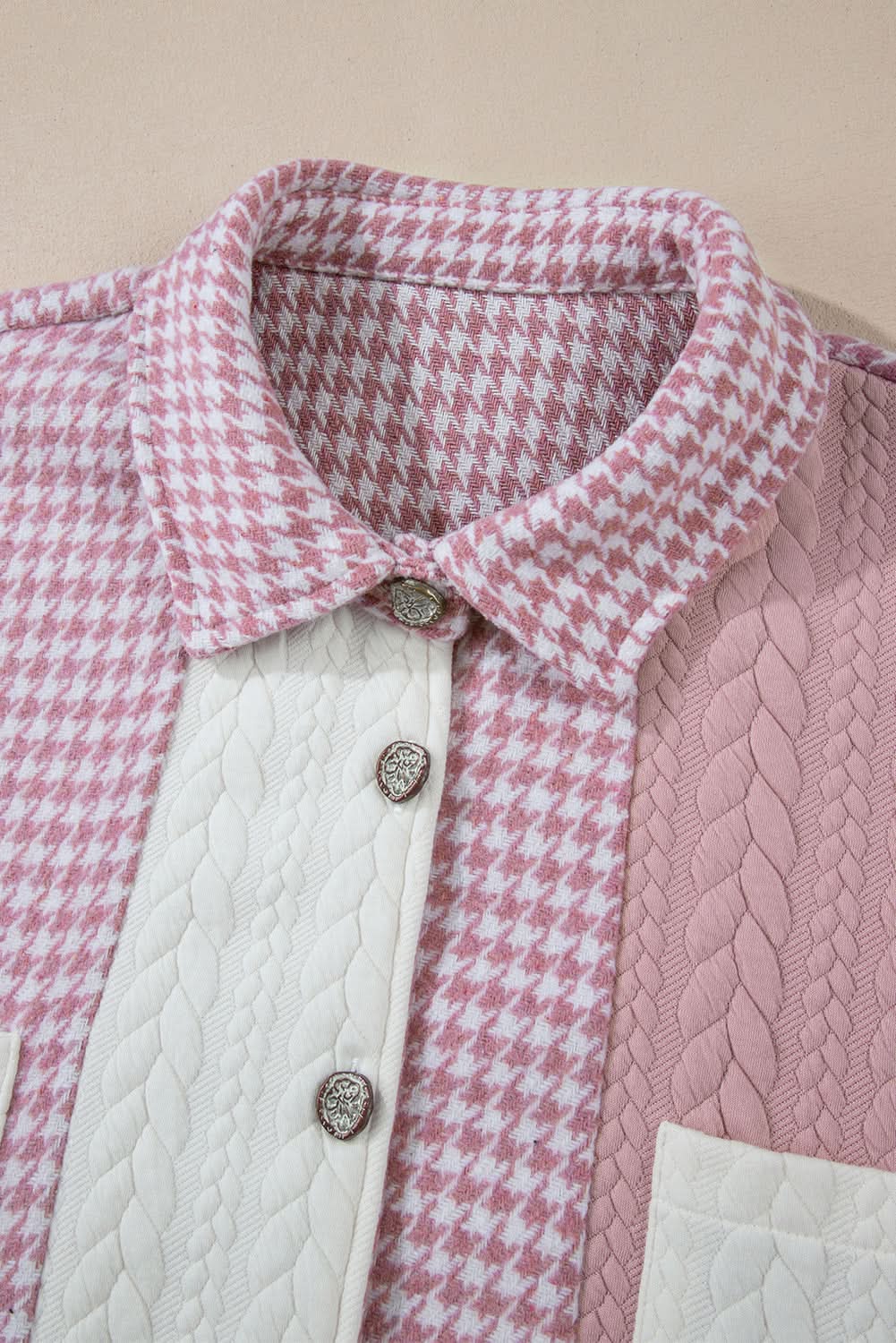 T-Shirts Love Salve Pink Houndstooth Women's Shacket: Casual Chic Color Contrast Textured Patchwork