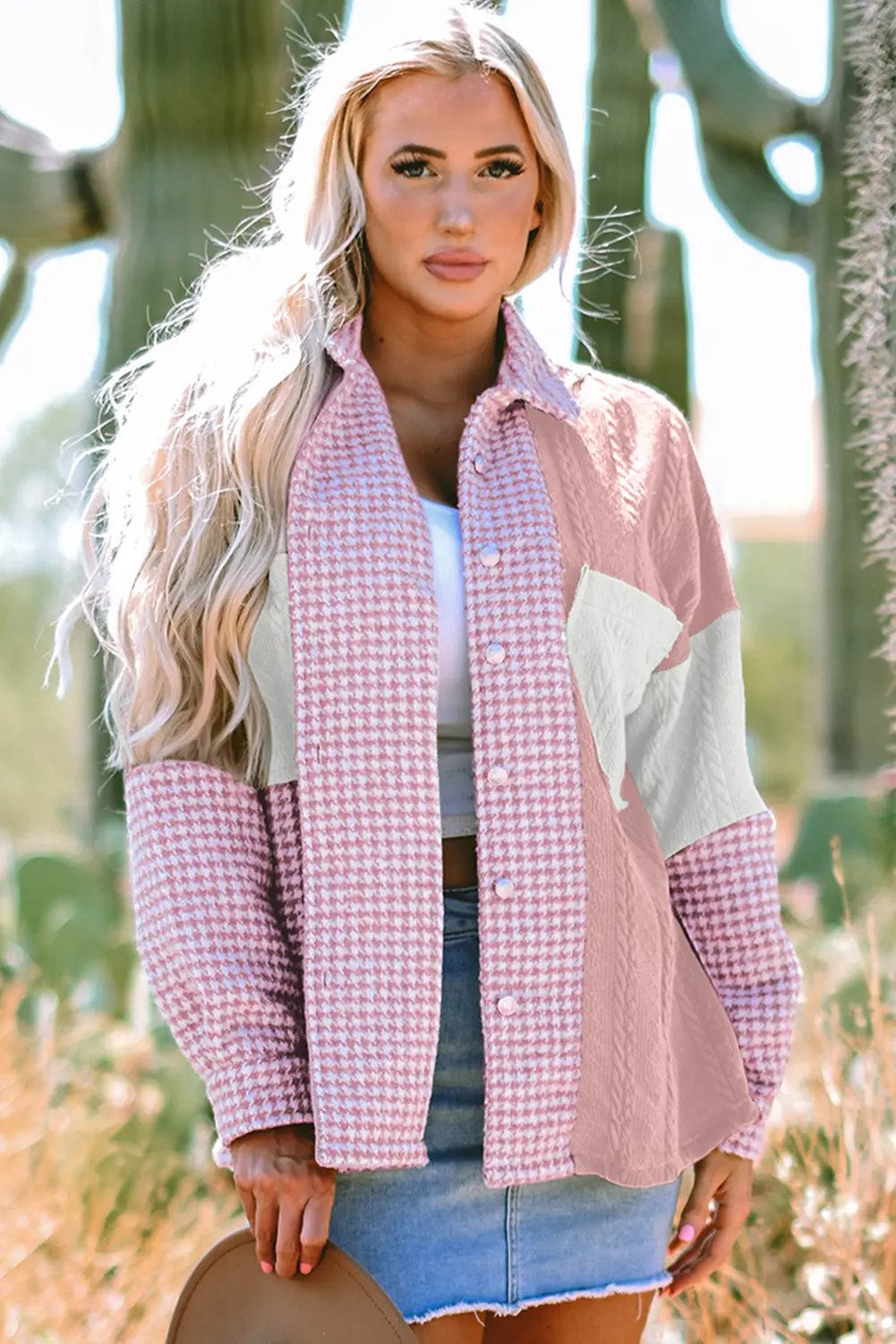 T-Shirts Love Salve Pink Houndstooth Women's Shacket: Casual Chic Color Contrast Textured Patchwork
