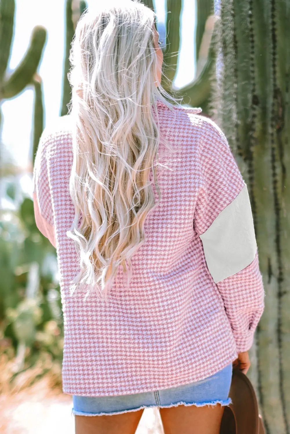 T-Shirts Love Salve Pink Houndstooth Women's Shacket: Casual Chic Color Contrast Textured Patchwork