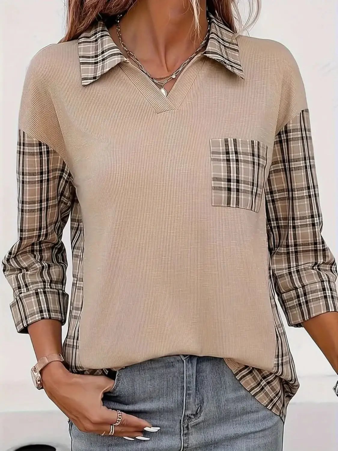 T-Shirts Trendsi Plaid Johnny Collar Women's Casual T-Shirt - Chic Design, Stylish Top