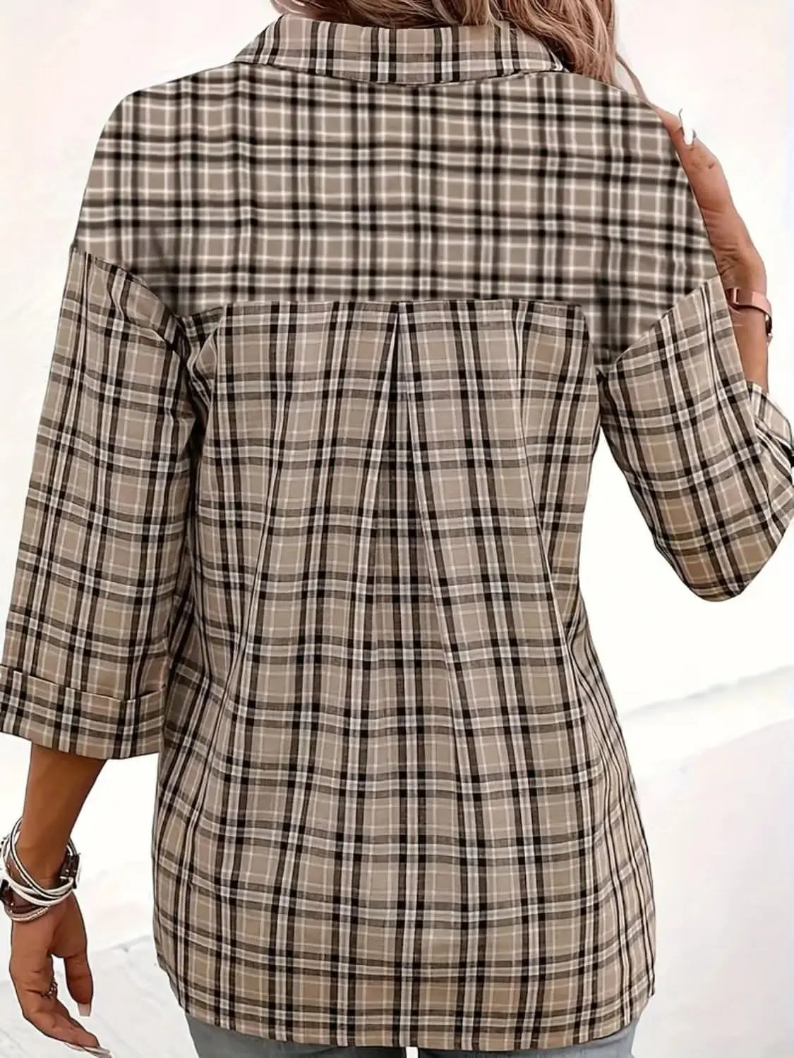 T-Shirts Trendsi Plaid Johnny Collar Women's Casual T-Shirt - Chic Design, Stylish Top