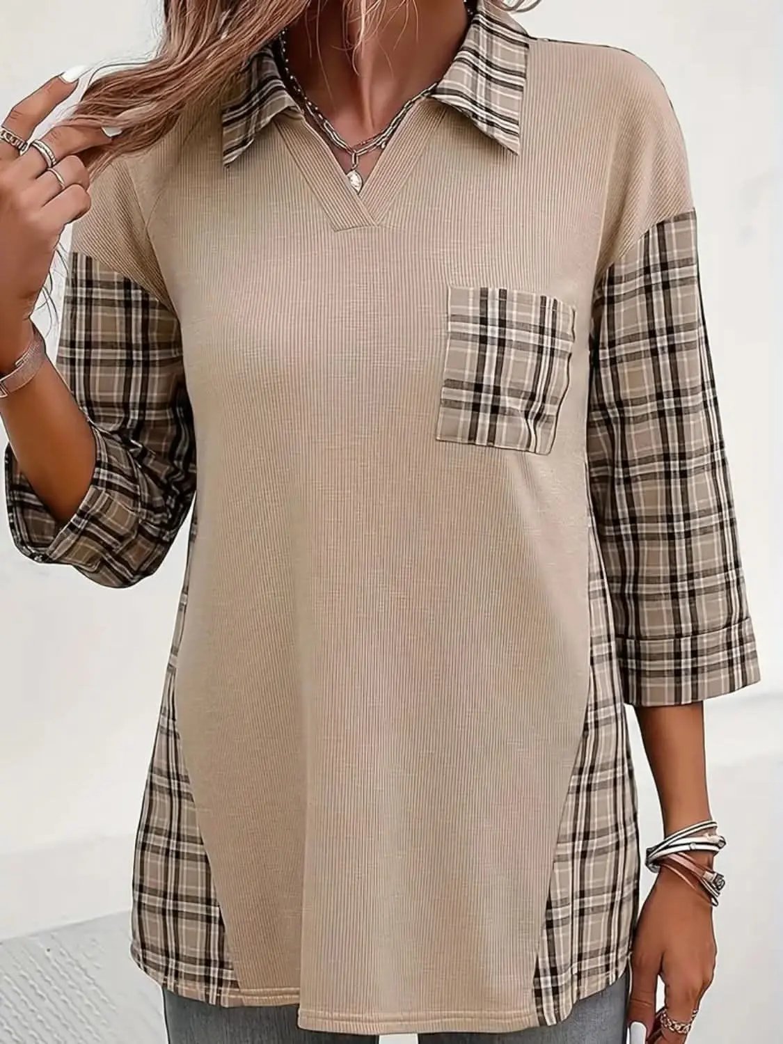 T-Shirts Trendsi Plaid Johnny Collar Women's Casual T-Shirt - Chic Design, Stylish Top