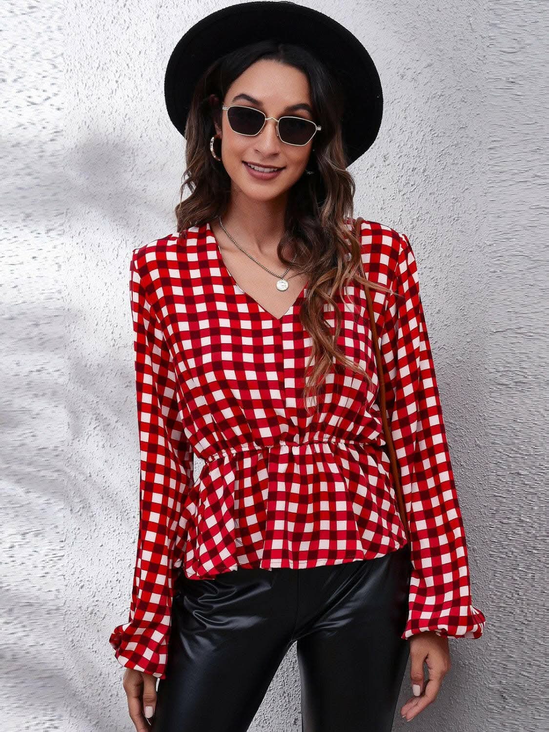 Women's Peplum Blouse Blouse - Plaid V-Neck - Peplum Style