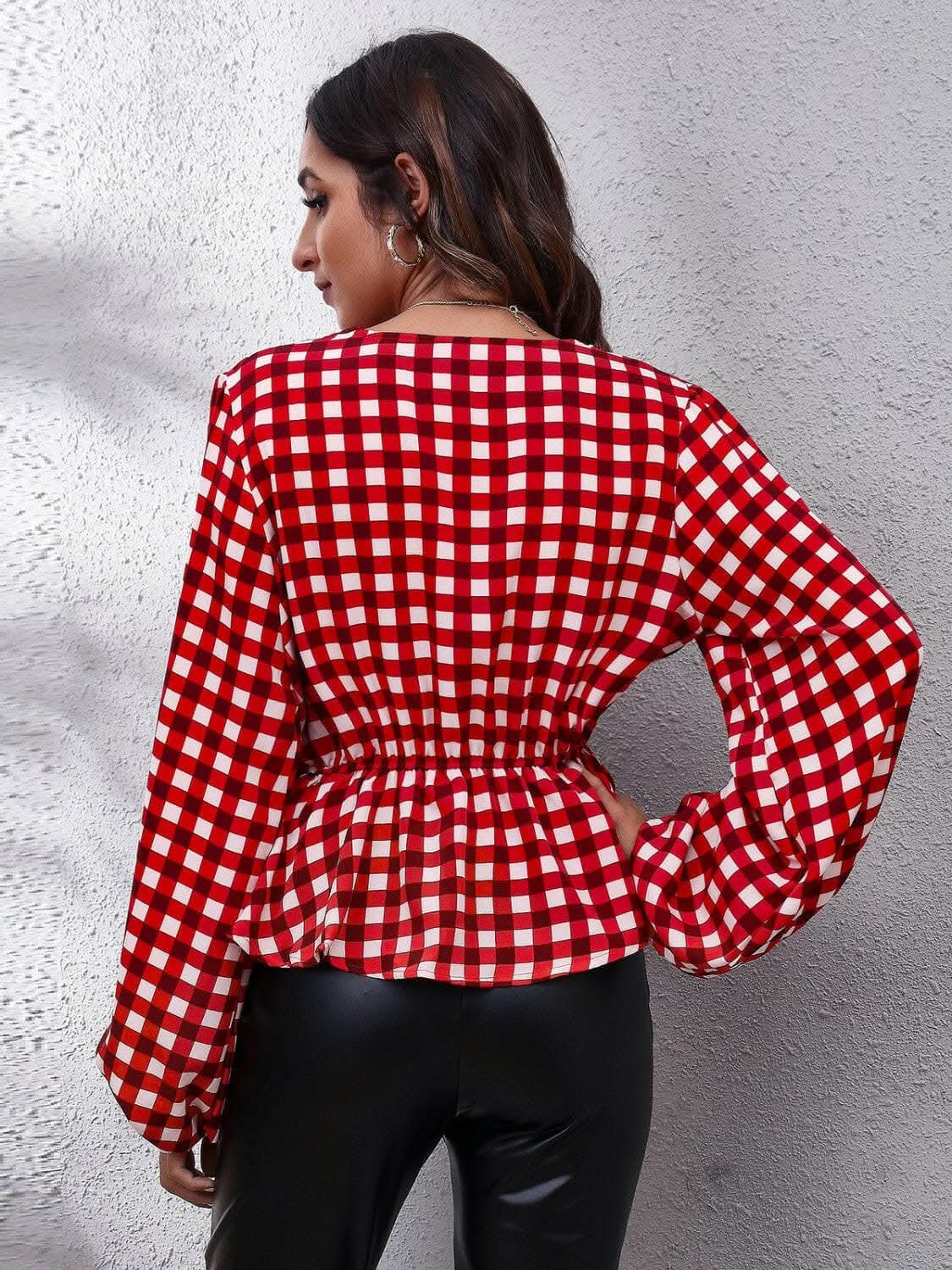 Women's Peplum Blouse Blouse - Plaid V-Neck - Peplum Style