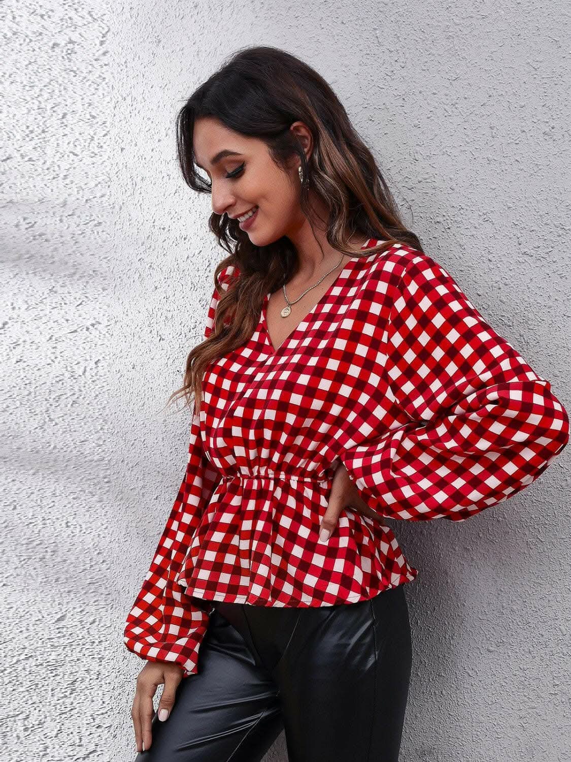 Women's Peplum Blouse Blouse - Plaid V-Neck - Peplum Style