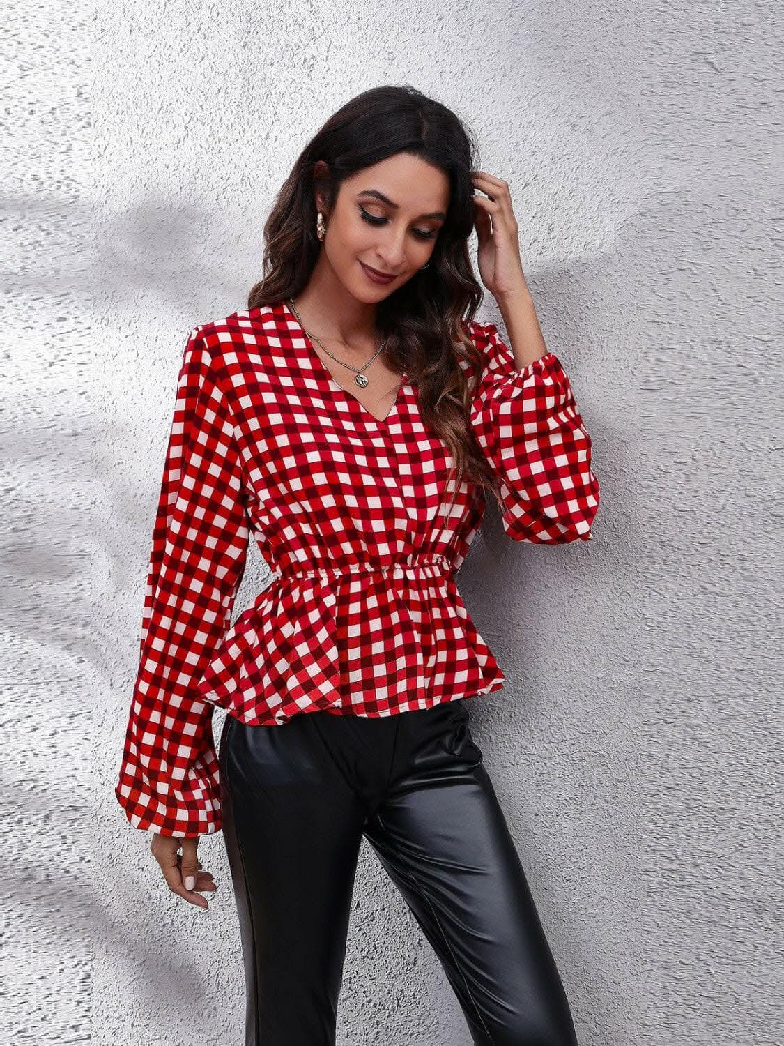 Women's Peplum Blouse Blouse - Plaid V-Neck - Peplum Style