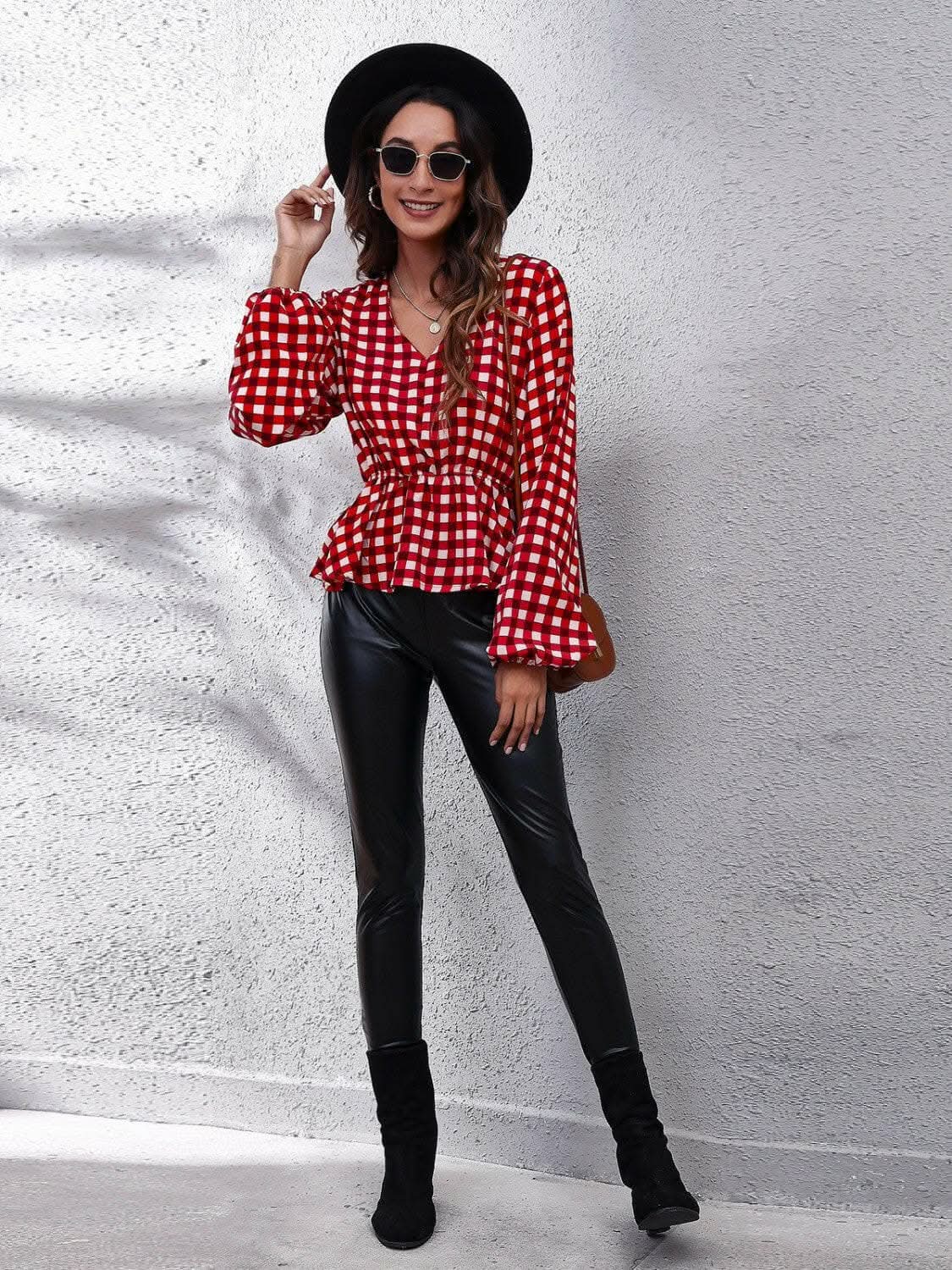 Women's Peplum Blouse Blouse - Plaid V-Neck - Peplum Style