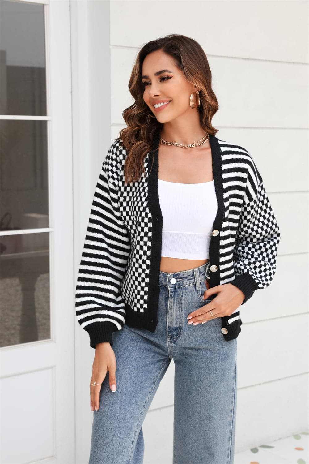Sweaters Trendsi Plaid and stripe cardigan with buttons