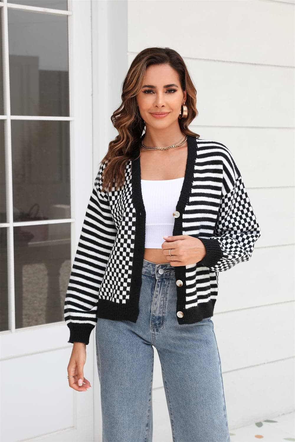 Sweaters Trendsi Plaid and stripe cardigan with buttons