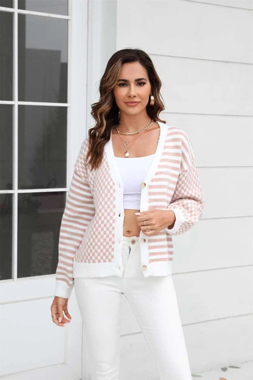 Sweaters Trendsi Plaid and stripe cardigan with buttons