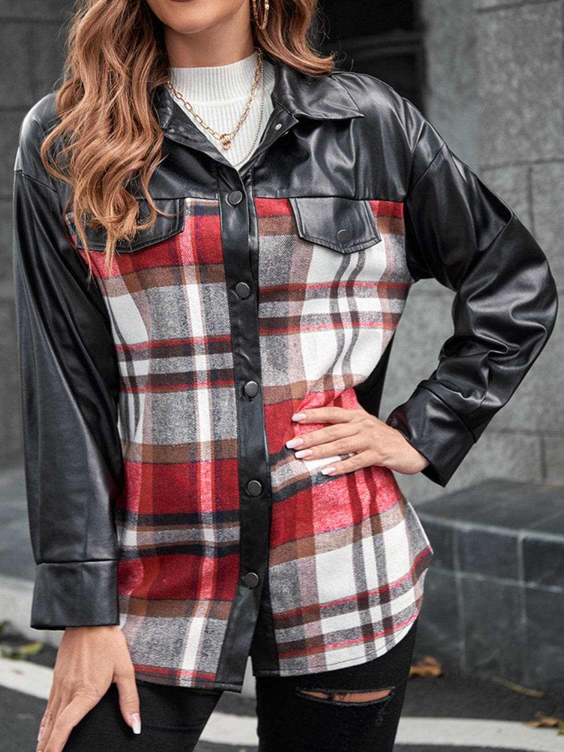 Trendsi Plaid Oversized Jacket Dropped Shoulders Black