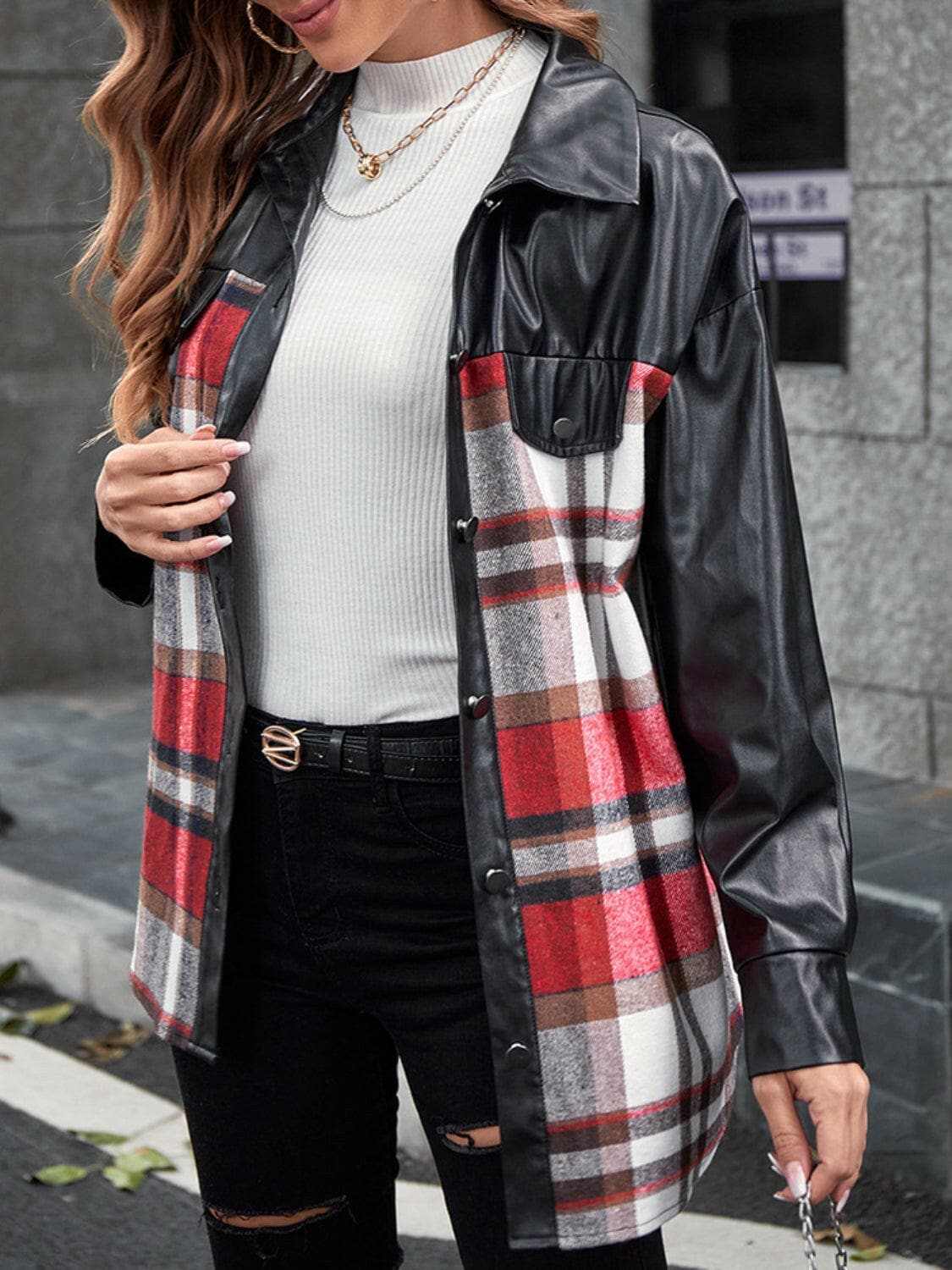 Trendsi Plaid Oversized Jacket Dropped Shoulders Black