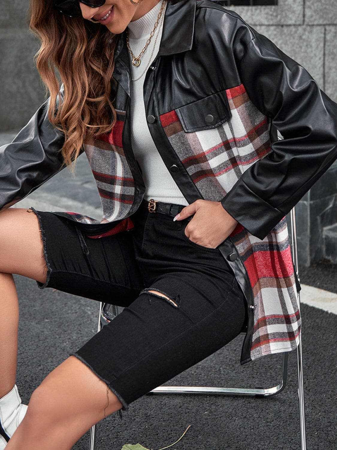 Trendsi Plaid Oversized Jacket Dropped Shoulders Black