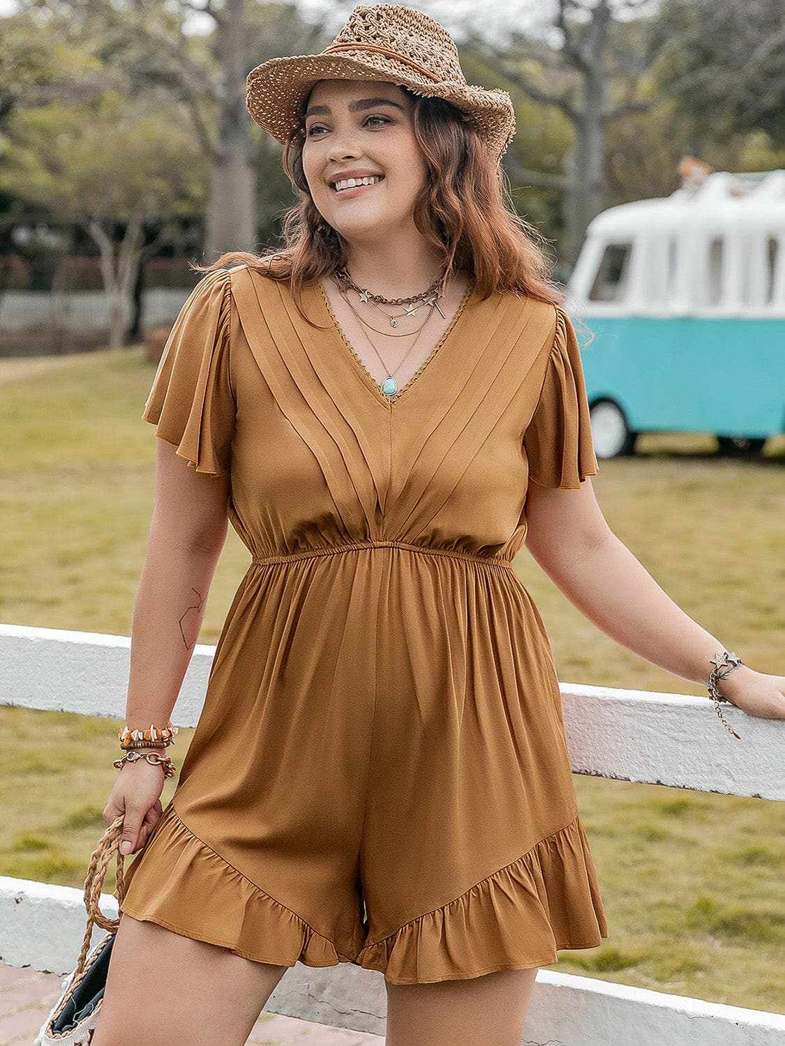 Plus Size Caramel Ruffled Romper Jumpsuit by Trendsi