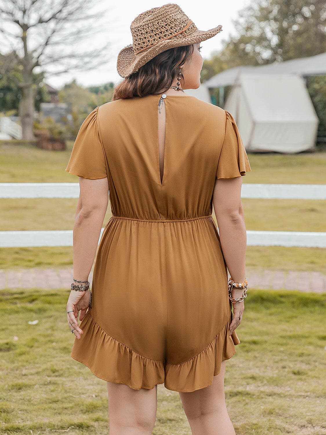 Plus Size Caramel Ruffled Romper Jumpsuit by Trendsi