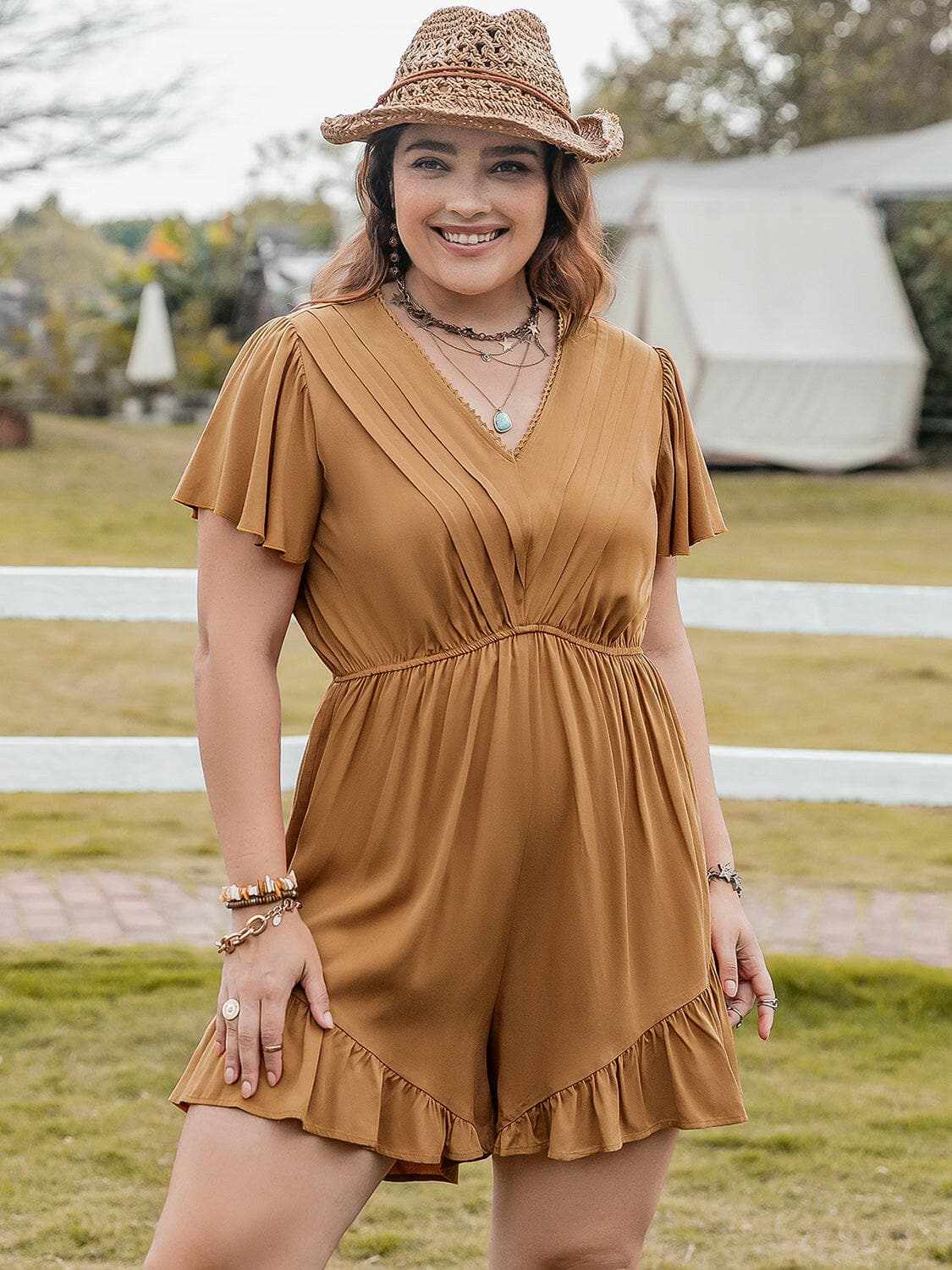 Plus Size Caramel Ruffled Romper Jumpsuit by Trendsi