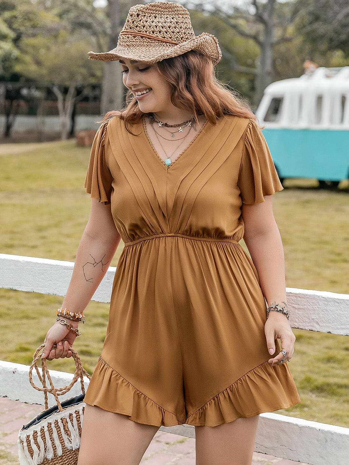 Plus Size Caramel Ruffled Romper Jumpsuit by Trendsi