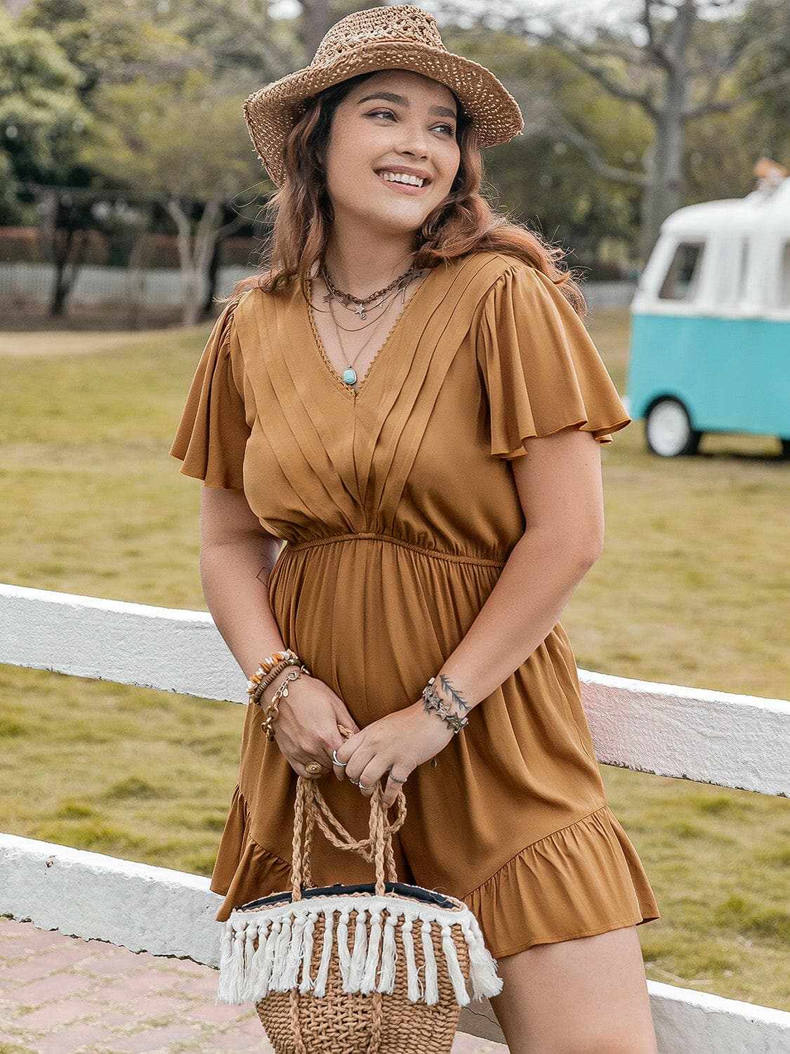 Plus Size Caramel Ruffled Romper Jumpsuit by Trendsi