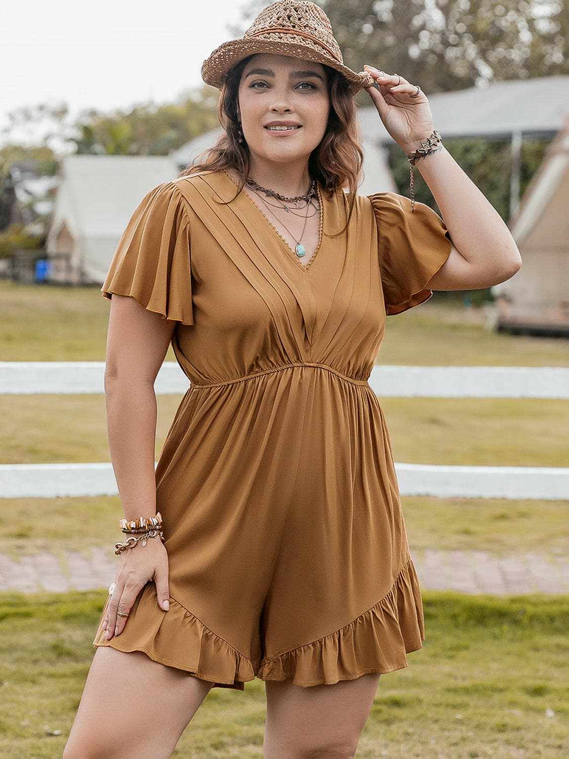 Plus Size Caramel Ruffled Romper Jumpsuit by Trendsi