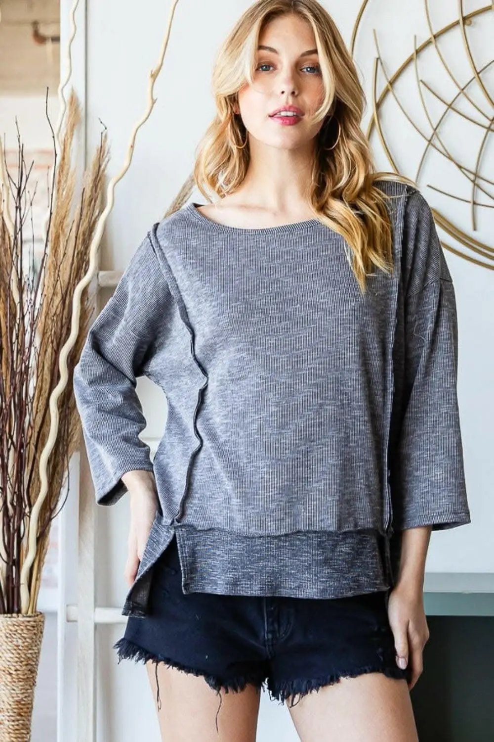 Women's Tops & Tees Women's Top - Boat Neck Exposed Seam Slit - Casual Tee
