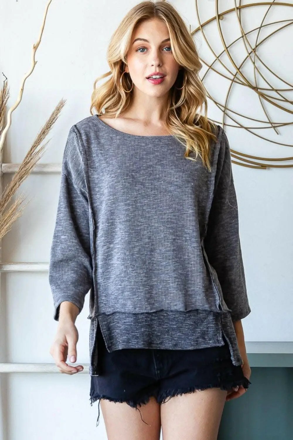Women's Tops & Tees Women's Top - Boat Neck Exposed Seam Slit - Casual Tee
