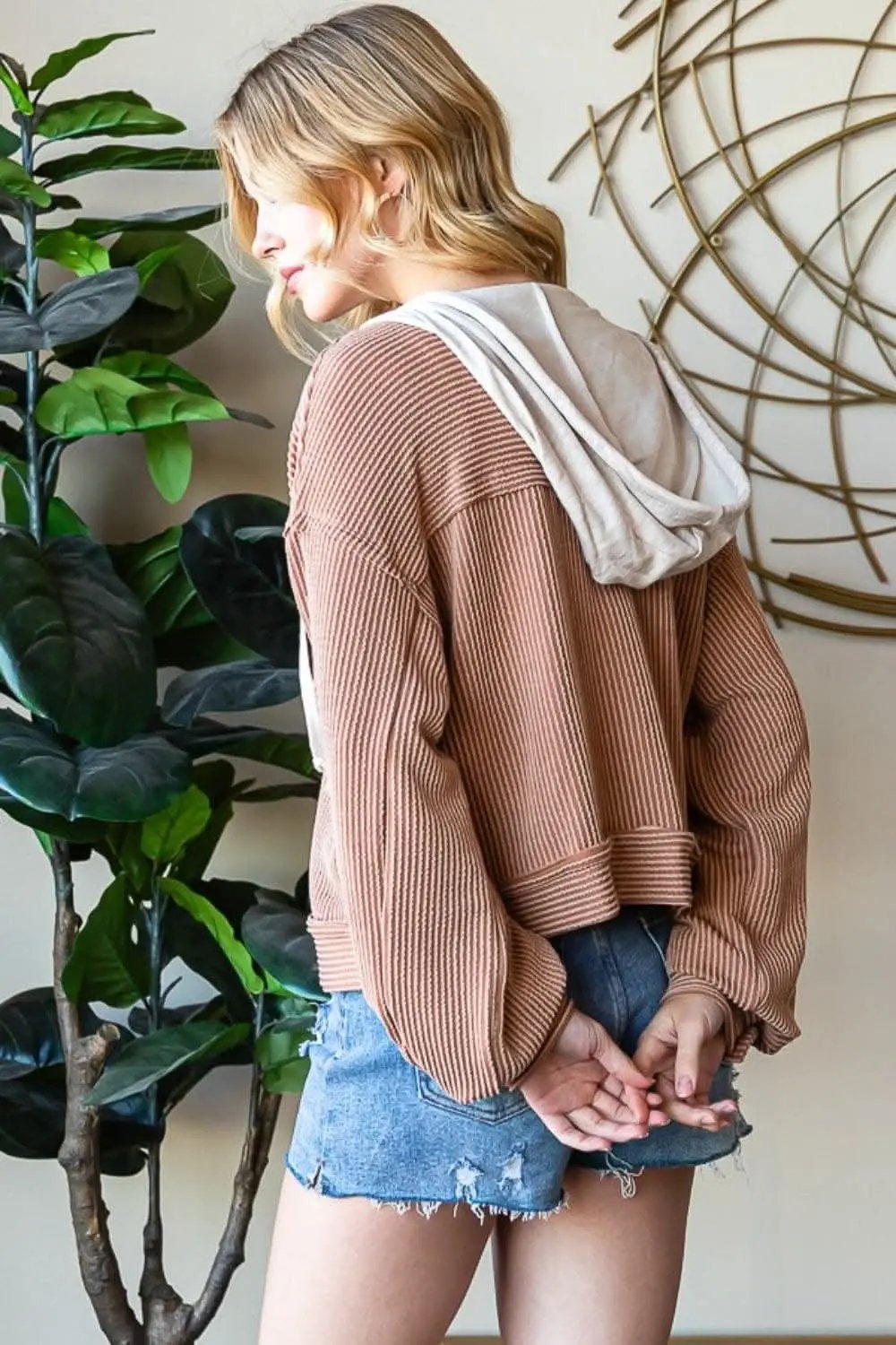 Jackets Trendsi Striped Hooded Jacket Women's Casual Button Up Lightweight Outerwear