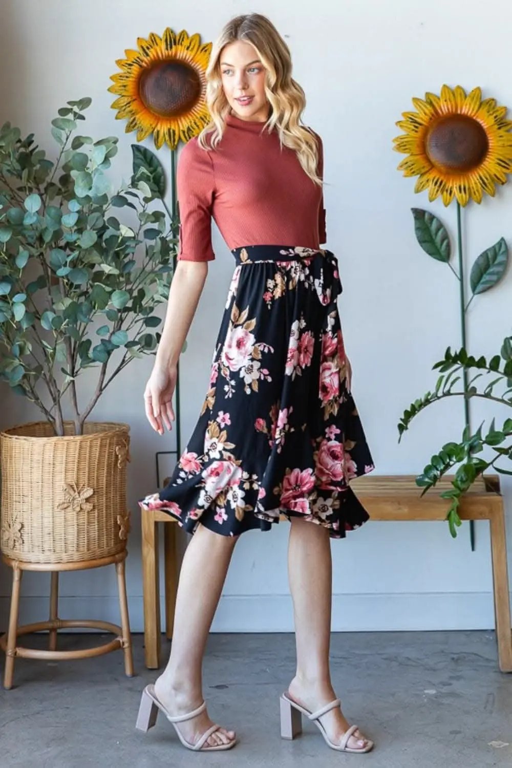 Floral Wrap Skirt with Ruffle Hem by Trendsi