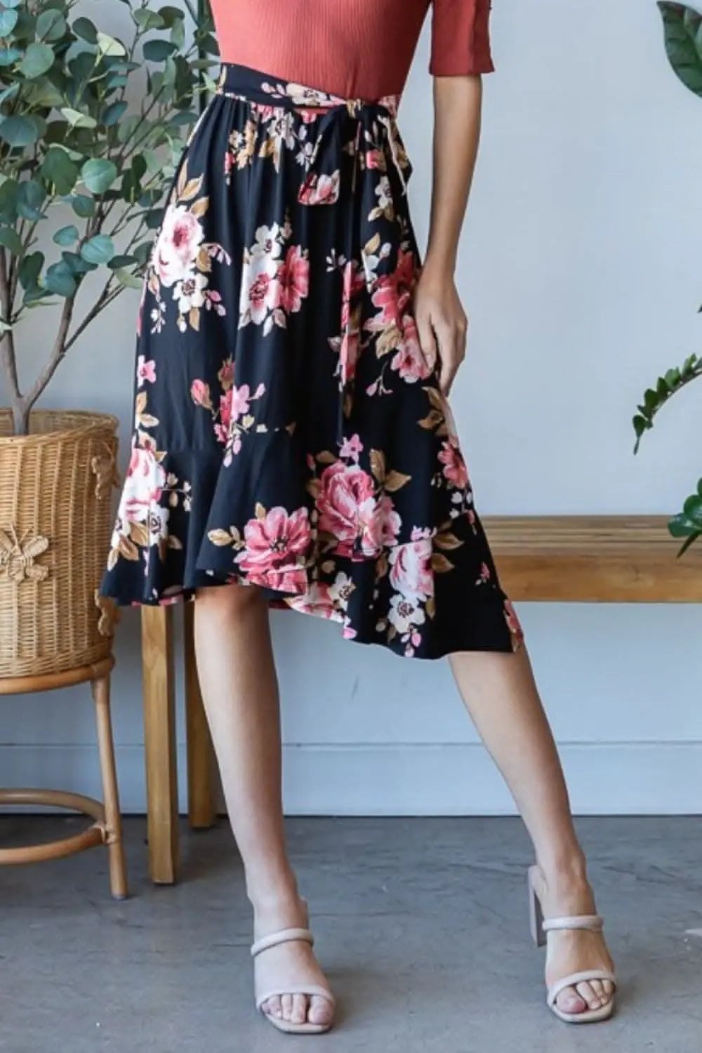 Floral Wrap Skirt with Ruffle Hem by Trendsi