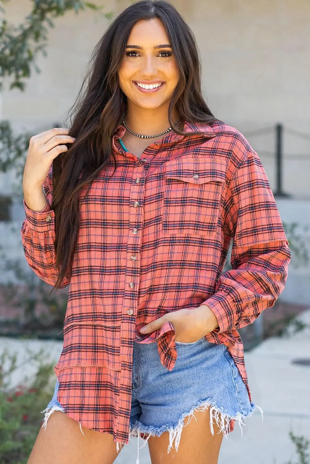 Love Salve Red Plaid Western Shirt — Distressed Cotton Top