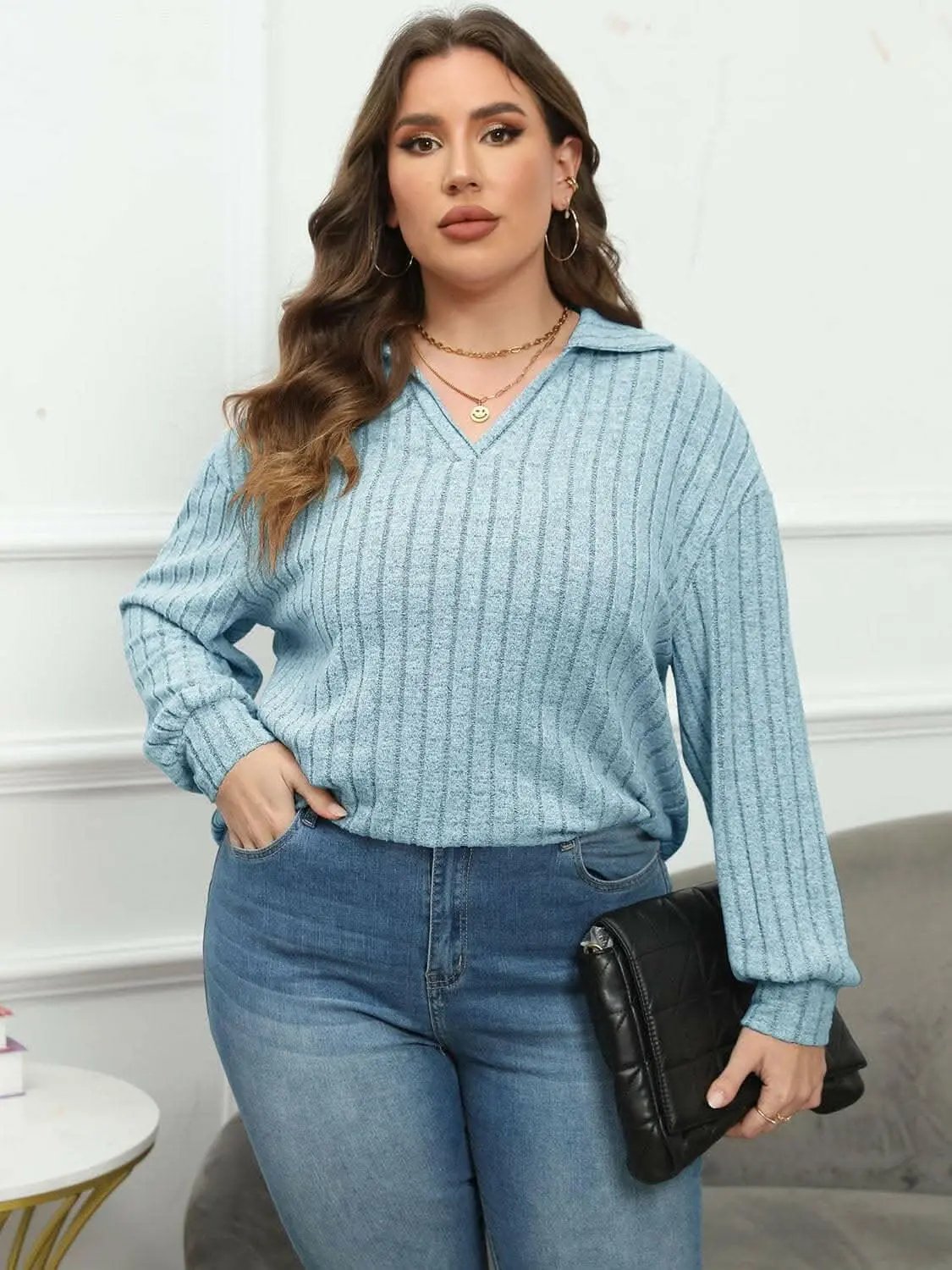 Trendsi Ribbed Collared Top Women's Plus Size Casual Tee Comfort Fit