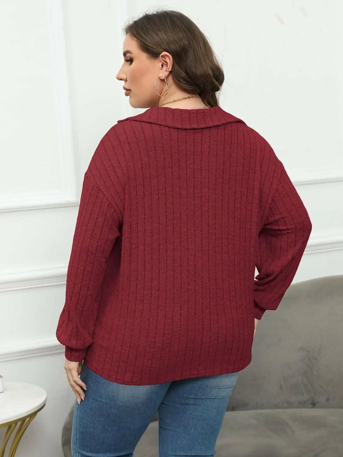 Trendsi Ribbed Collared Top Women's Plus Size Casual Tee Comfort Fit