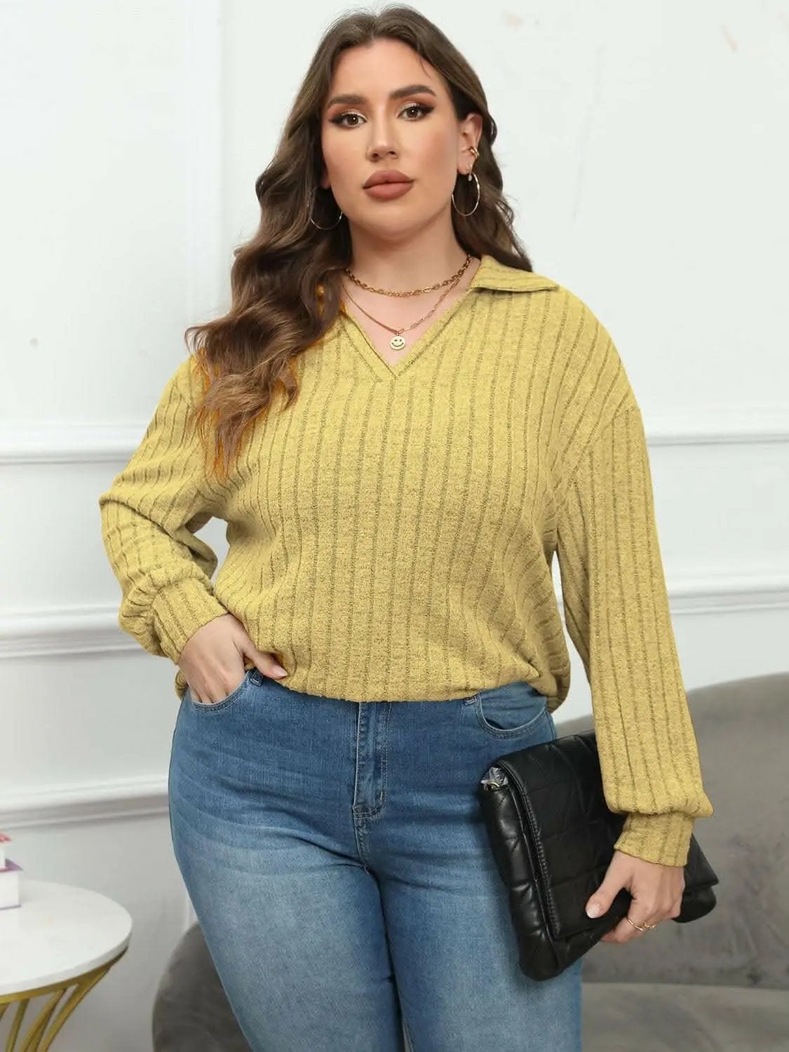 Trendsi Ribbed Collared Top Women's Plus Size Casual Tee Comfort Fit