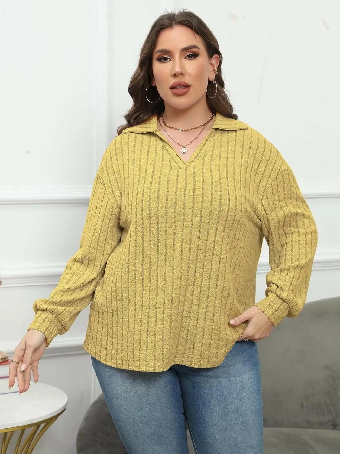 Trendsi Ribbed Collared Top Women's Plus Size Casual Tee Comfort Fit