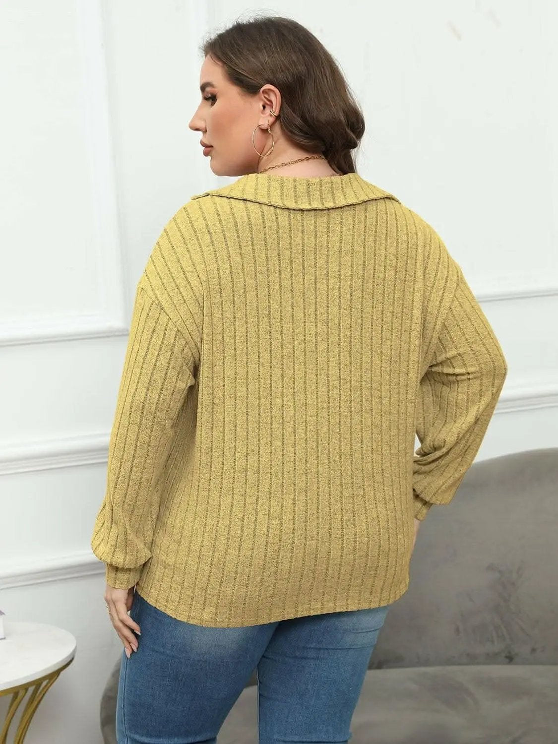 Trendsi Ribbed Collared Top Women's Plus Size Casual Tee Comfort Fit