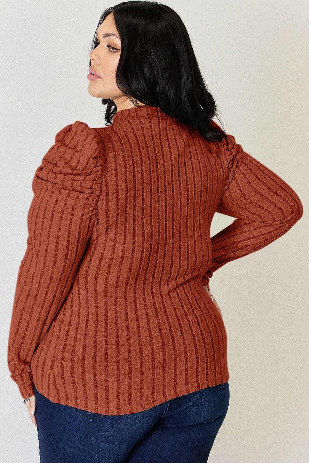 Women's Mock Neck Top Trendsi Women's Ribbed Mock Neck Puff Sleeve Top Long Sleeve