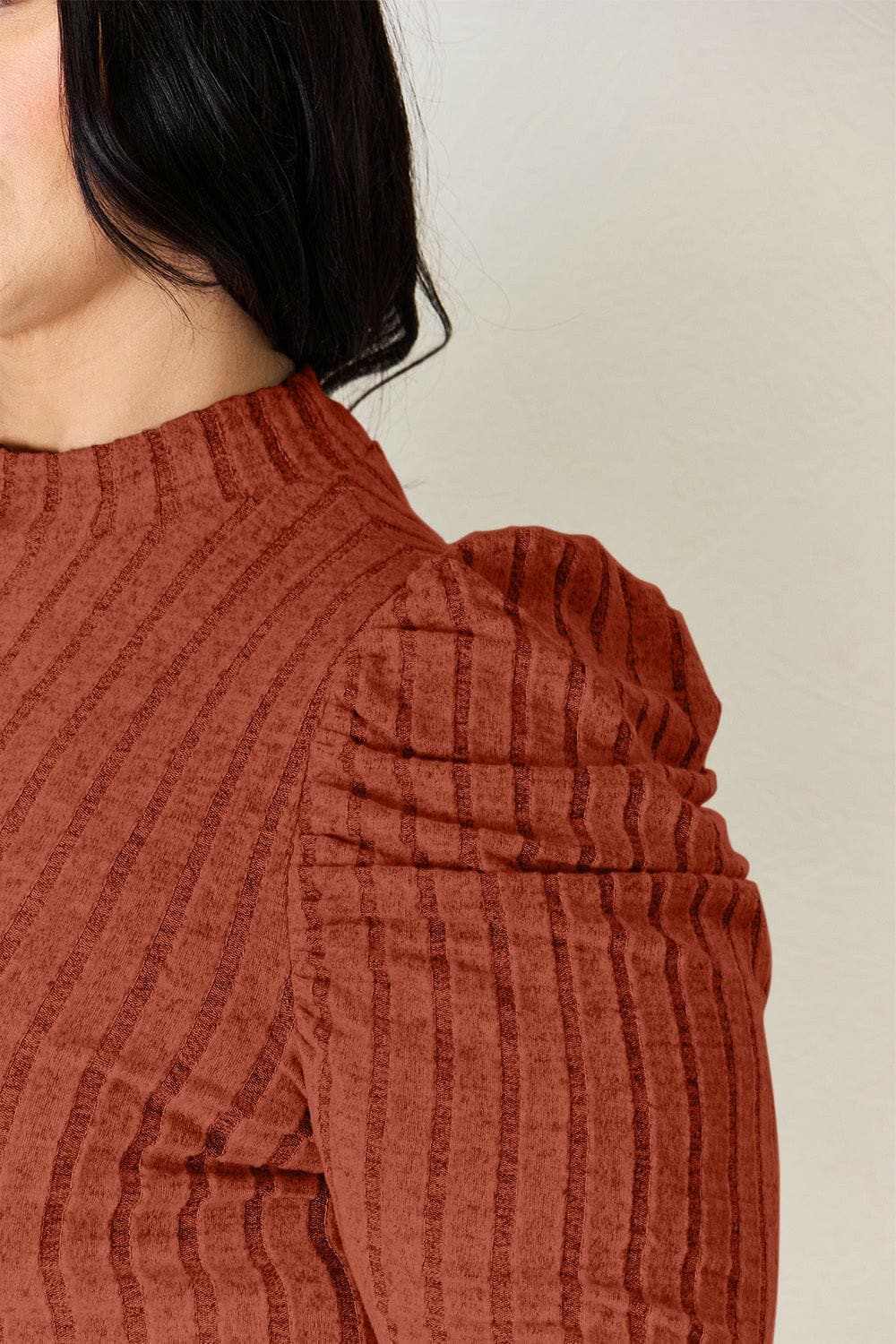 Women's Mock Neck Top Trendsi Women's Ribbed Mock Neck Puff Sleeve Top Long Sleeve